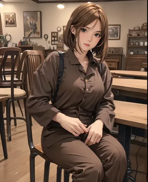 hightquality、masuter piece、8K、Photorealistic anime drawings、Interior of antique shop interior shop、(Lots of desks、Lots of chairs)、(1girl in、23years old、Brown-haired shorthair、pant suit)