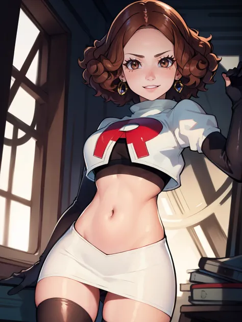 haru okumura, (brown eyes:1.5), brown hair, short hair, ,glossy lips, light makeup, eye shadow, earrings ,team rocket,team rocket uniform, red letter R, white skirt,white crop top,black thigh-high boots, black elbow gloves,evil smile, sexy poses