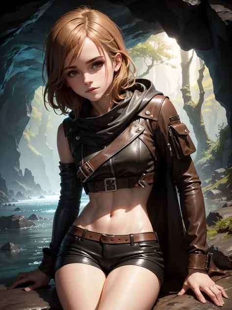 An explorer emma watson inside a cavern. leather shorts. creek. slender and athletic. sitting. --s 1000