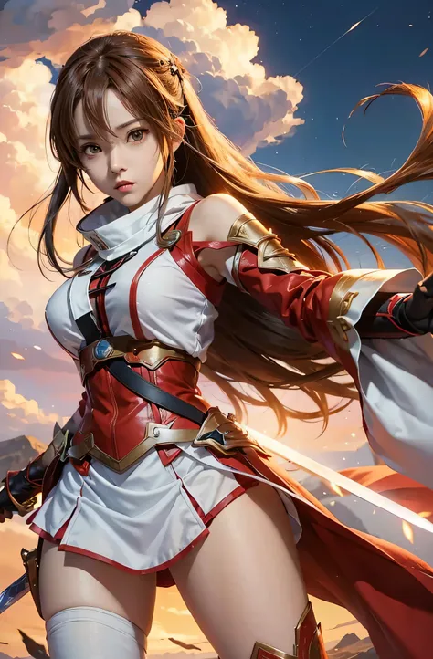 (Estilo: anime, best quality), Arte de Espada Online&#39;Asuna Yuuki is in a dynamic pose with her sword, Distinctive facial features, e roupa bonita. A cena tem um impacto visual marcante, lembra o Estilo de Oh! legal. seios grandes