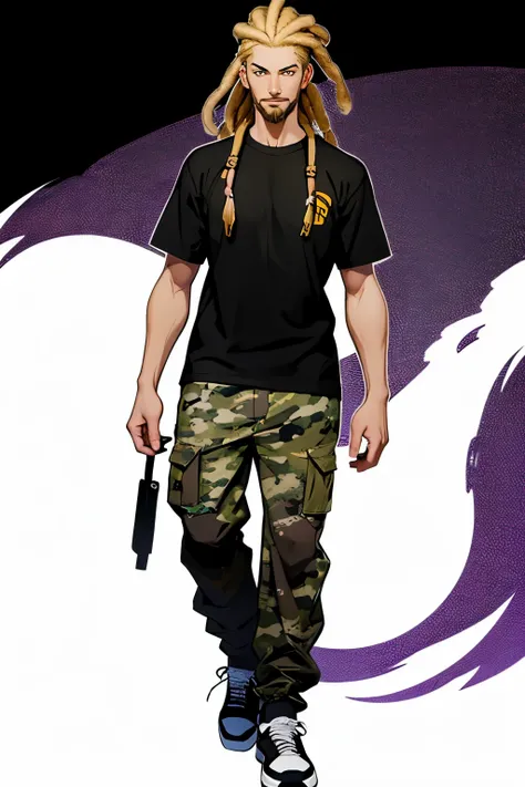 skinny male character, goatee, Blonde dreadlock, black t-shirt, camouflage pants, white sneakers, walking in white background, anime style