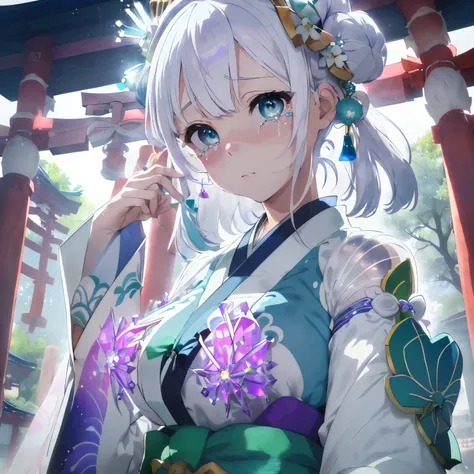 (white  hair:1.2),(Twin-tailed:1.2),(Light purple eyes),(With bangs),(First visit to a shrine:1.25),(colourfull:1.2),(Staring at me),(Japanese pattern clothing:1.4),(accessories like flowers and crystals:1.3),(Lower breast:1.5),(Transparent double sleeve l...