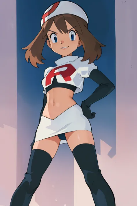 masterpiece, best quality, highres, outdoors, 1girl, solo, may (pokemon),  glossy lips ,team rocket uniform, red letter R, white skirt,white crop top,black thigh-high boots, black elbow gloves, evil smile, looking at viewer, cowboy shot, arms crossed, stan...