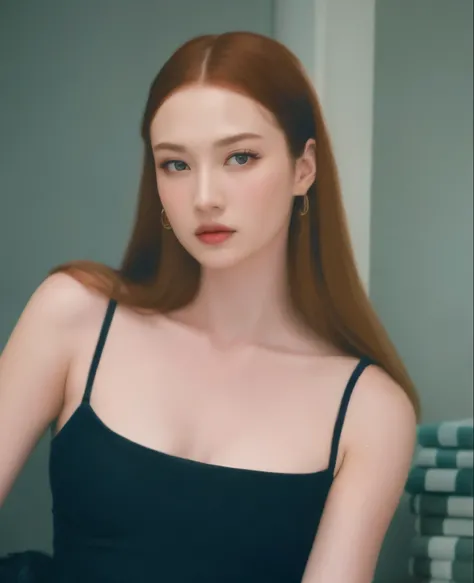 arafed woman in a black dress looking at her reflection in a mirror, sophie turner, monia merlo, with pale skin, in style of petra collins, pale glowing skin, sansa, ellie bamber, jodie bateman, inspired by Nan Goldin, sophie turner girl, she is wearing a ...