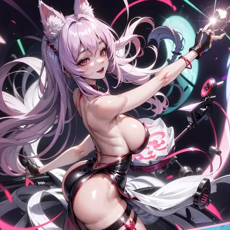 1Girl, red eyes, smile, Cobalt Blue Hair, sexy, Wolf-Girl, wolf ears, white fur in wolf ears, birthday party, birthday cake, big boobs, big butt, Purple fluffy tail, sexy dress, ((best quality)), (detailed), perfect face, high res, ultrasharp, anime, ((mas...