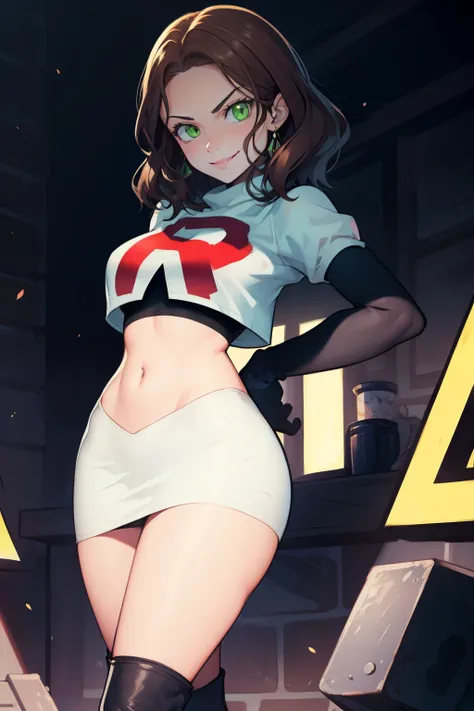 dorothea, green eyes, very short hair ,glossy lips ,team rocket,team rocket uniform, red letter R, white skirt,white crop top,black thigh-high boots, black elbow gloves , looking at viewer, evil smile, arms crossed