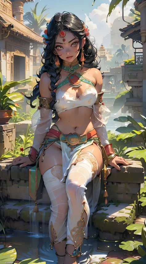 talim, girl indian from ancient Egypt,(((monster girl))), ((remember the hindu gods)),(((eyes green:1.3))),intricate eyes,beautiful detailed eyes,symmetrical eyes,((((indian girl)))),(large breasts:1.5),((((blond hair,hair tied,colored inner hair)))),((((l...