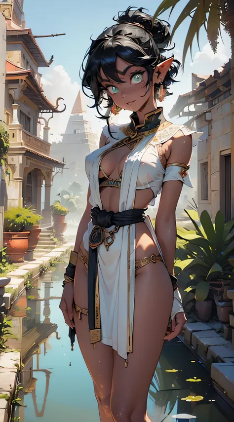 fam, tail, short sleeves, wristband, pelvic curtain, fam, blonde hair, pointy ears, dark skin, dark-skinned female, elf, long pointy ears, girl indian from ancient Egypt,(((monster girl))), ((remember the hindu gods)),(((eyes green:1.3))),intricate eyes,be...