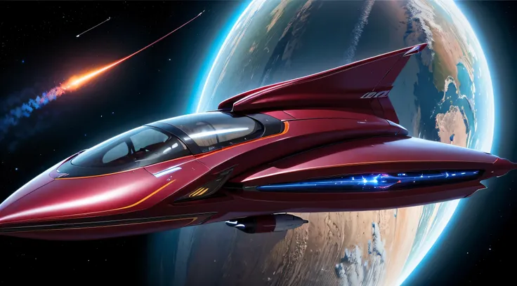 ((best quality: 1.5)) ((masterpiece: 0.8)), intricate details, sharp focus, professional, photorealistic, outer space background, BREAK, ((futuristic lacquered maroon a-wing spacecraft, side view)), blue flame contrail, fujicolor, hyperrealistic