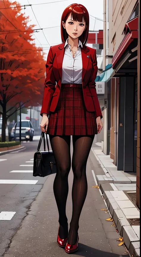 yumeko jabami, red jacket, plaid skirt, black pantyhose, brown shoes