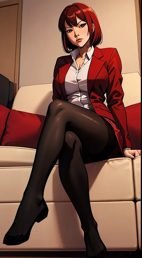 yumeko jabami, red jacket, plaid skirt, black pantyhose, no shoes, sitting on couch