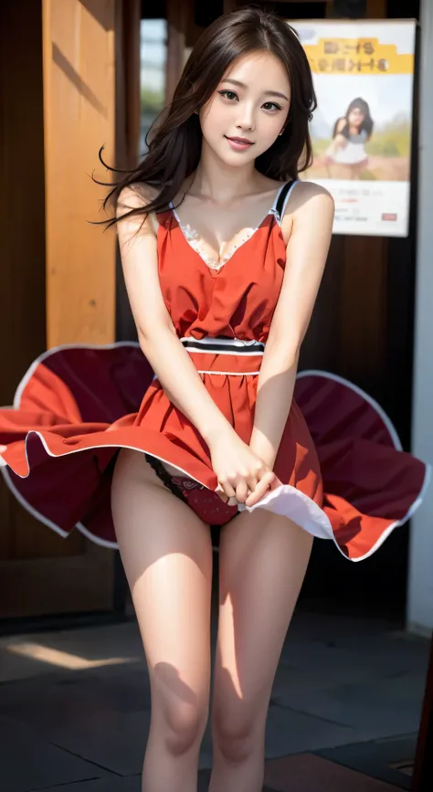 (top-quality、8K、32K、​masterpiece、nffsw:1.2)、Photo of a cute Japanese woman、(mournful smile、red blush:1.1)、Pink dress skirt with beautiful details that stare at the viewer.:1.2)}}、Detailed legs、(Spread legs:0.9)、(Lace pantie:0.9)、{{(wind lift:1.6)}}、full bo...