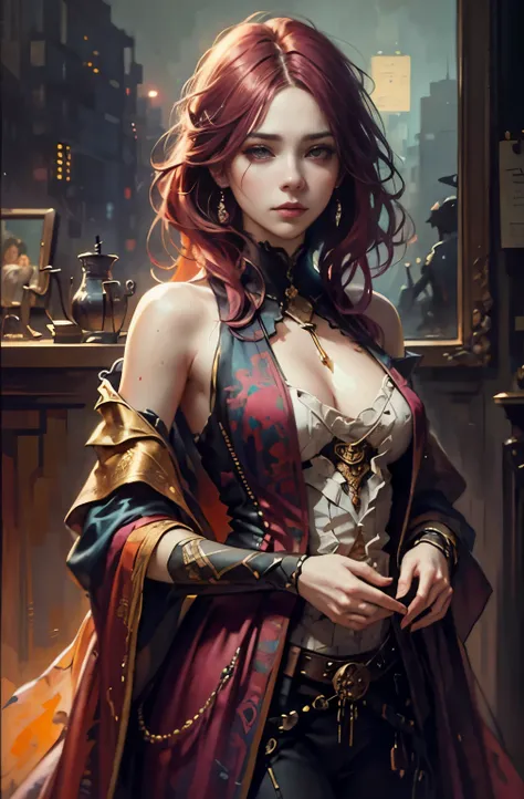 magenta and orange tones, painting of a woman, with influence of Jeremy Mann, Jeremy Mann, style of Jeremy Mann, Jeremy Mann painting, Jeremy Mann art, Ron Hicks, Liepke, Jeremy Mann and alphonse mucha, Works that influenced Edmund Blampid, robert lenkiewi...