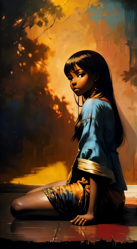 ((Centered,Solo Beautiful Sudanese black woman with dark skin, realistic striking eyes1:1)), casual shirt, mid shot, low angle, sitting against a colorful shadowed painted bedroom wall, art by akihiko yoshida, manga art style, colorfield illustration, myst...