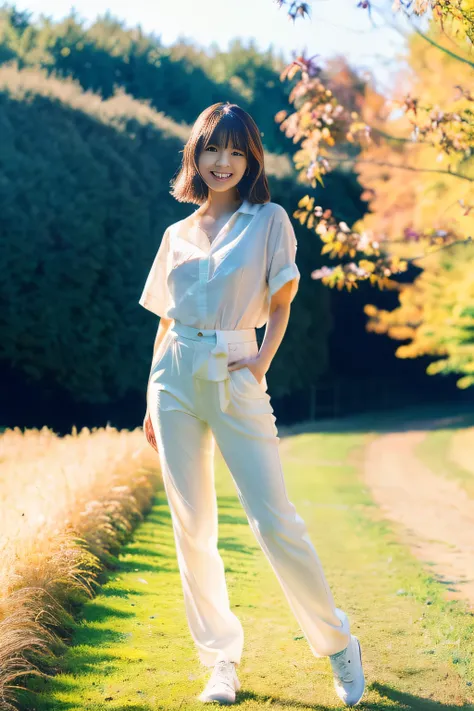 (Best Quality,8K,超A high resolution:1.2),(Cute Japanese girl&#39;s beautiful body),(The shirt,Pants Look),(Glamorous),(perfect anatomia、Perfect legs、Toned waist、daily、soft sunlight、autumnal、Piece of art、full of fields、Open、ssmile、