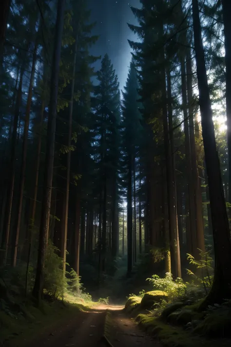 forest in the middle of the night in the dark, night, darkness, anime, anime scene, scenarie