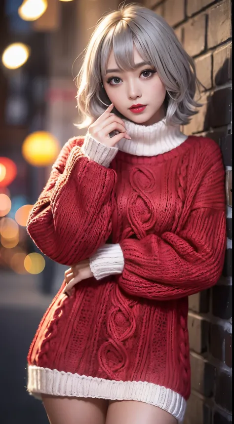 (in 8K、top-quality、masutepiece、超A high resolution:1.2) 、(Cold style:1.1) 、 (snowy night city) 、Beautiful realistic Japan woman、22year old、standing front of christmas tree, Sexy Pose, short hair、Silver hair、Bangs pink silver hair,Dark skin、Brown skin、strong...