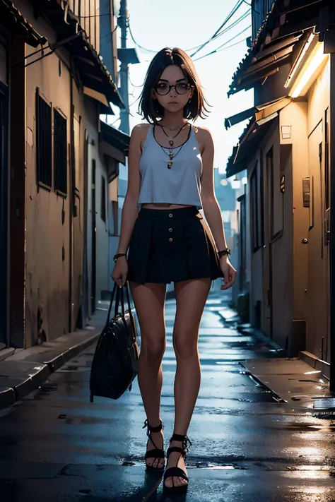 girl 18 years old, pelo moreno largo, ojos marrones, gafas, tank top, miniskirt plisada, tacones, Cara seria, en una calle nocturna, oscura, 8k, hdr, alta calidad