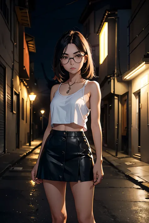 girl 18 years old, pelo moreno largo, ojos marrones, gafas, tank top, miniskirt plisada, tacones, Cara seria, en una calle nocturna, oscura, 8k, hdr, alta calidad