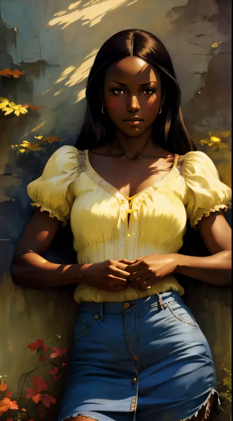 ((Solo Beautiful Carribean woman with dark skin and striking eyes)),  shadowed interior background, art by akihiko yoshida, manga art style, colorfield illustration, scary atmosphere, global illumination, by frank frazetta, art by goro fujita, banner, blur...