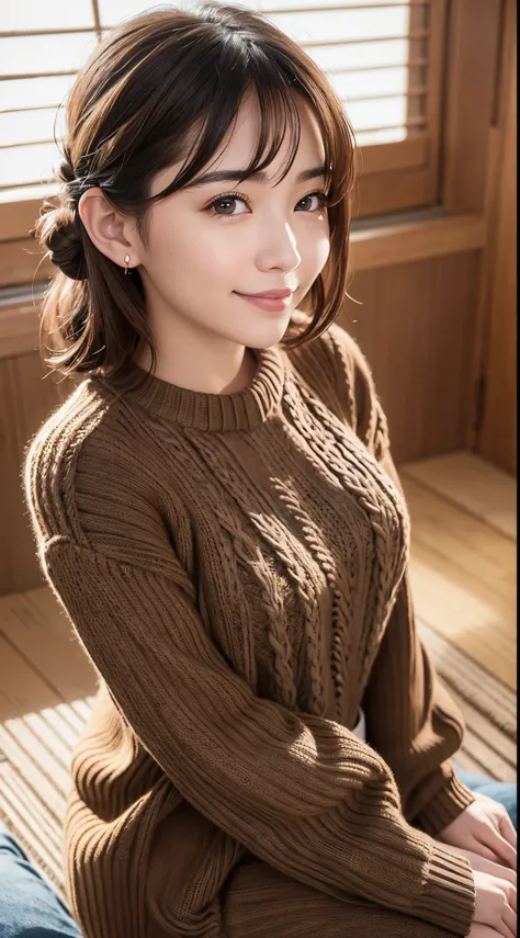 best quality, face focus, soft light, (depth of field) ,ultra high res, (photorealistic:1.4), RAW photo, portrait:1.4 ,(sit on tatami) ,Japanese-style room
1 japanese girl, solo, cute, shy, (smile:1.2), (brown eyes,catch light),  detailed beautiful skin, (...