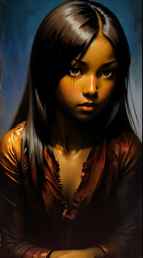 ((Solo Beautiful Carribean woman with dark skin and striking eyes)),  shadowed interior background, art by akihiko yoshida, manga art style, colorfield illustration, scary atmosphere, global illumination, by frank frazetta, art by goro fujita, banner, blur...