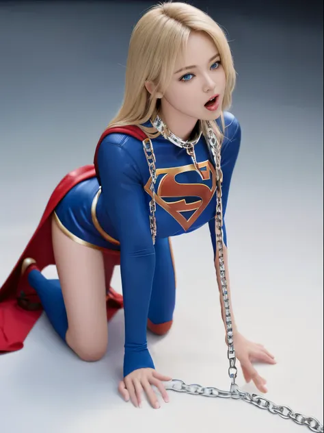 Beautuful Women，supergirl，Blonde blue-eyed，(all-fours)，crawling on hands and knees，Kneeling position，Posture with buttocks sticking out，((put out the tongue))，((Drooling))，Kamimei，(Chained collar)， Cuffed，fetters, Photorealsitic，surrealism, F/1.2, 35 mm, F...