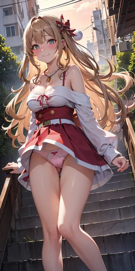 masutepiece, Best Quality,  the Extremely Detailed CG Unity 8K Wallpapers,  Sexy Santa Claus , Long dark blonde wavy hair、off-shoulder knit,pleatedskirt, Big necklace、耳环、Medium milk, hanging breasted, cleavage, Blushing, Shy laughter, 、Angle looking up fro...