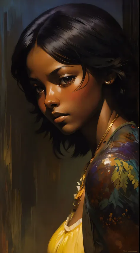 ((Solo Beautiful Carribean woman with dark skin and striking eyes)),  shadowed interior background, art by akihiko yoshida, manga art style, colorfield illustration, scary atmosphere, global illumination, by frank frazetta, art by goro fujita, banner, blur...