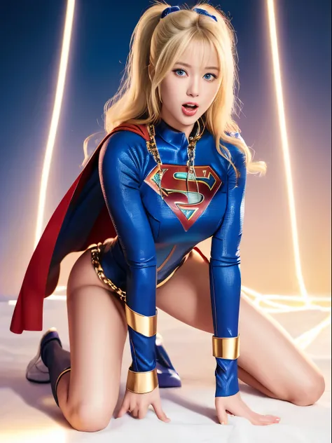 Beautuful Women，supergirl，(Torn costume)，Blonde blue-eyed，(all-fours)，crawling on hands and knees，Kneeling position，Posture with buttocks sticking out，((put out the tongue))，((Drooling))，Kamimei，(Chained collar)， Cuffed，fetters, Photorealsitic，surrealism, ...