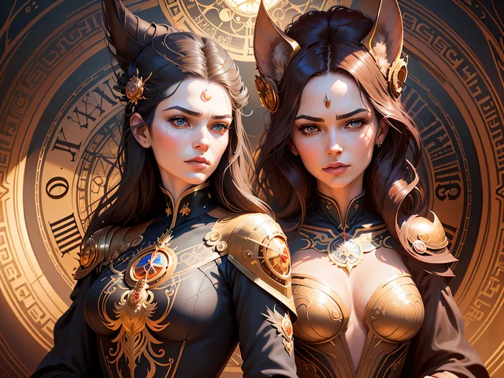 there is a woman with a clock and a clock face, fantasy art behance, hyperrealistic art nouveau, karol bak and peter mohrbacher, michael cheval (unreal engine, karol bak uhd, exquisite digital illustration, style ivan talavera and artgerm, artgerm and tom ...