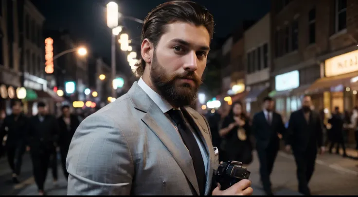 (highres,best quality:1.2),extremely handsome man,holding a top-notch camera,confidently,professional photographer,stylish outfit,perfectly groomed beard and hairstyle,dynamic pose,expertly capturing the moment,detailed camera equipment,impeccable lighting...