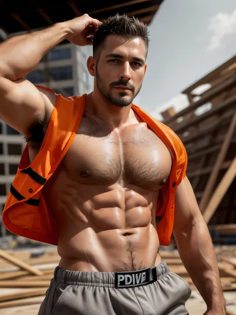 masterpiece, best quality, high resolution, closeup portrait, close up portrait shot, pretty portrait, male focus, solo focus, A man, 35 years old, posing like a magazine model, with construction worker uniform, unbuttoned work clothes, construction worker...