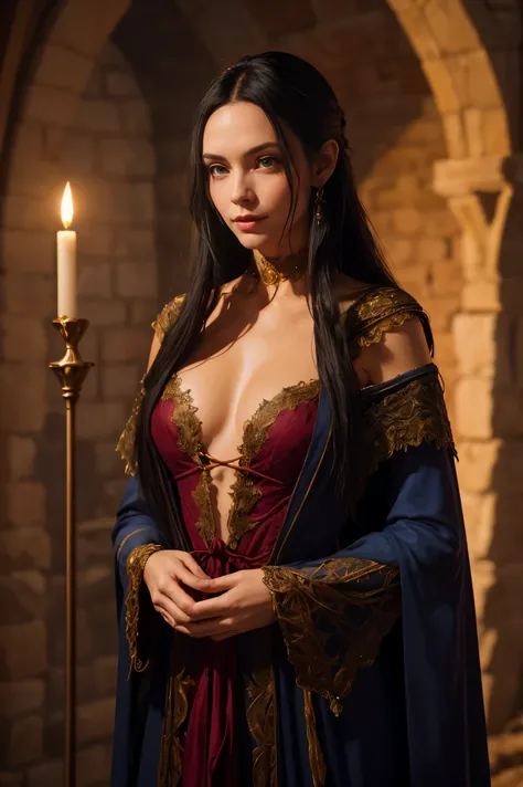 A beautiful European female sorceress, long black hair, medium breasts, perfect body, D&D aesthetic, high detail magical robe, cleavage, high detail face, high detail skin, inside a wizards tower, 8k, HDR, high resolution, photo-realistic, cinematic lighti...