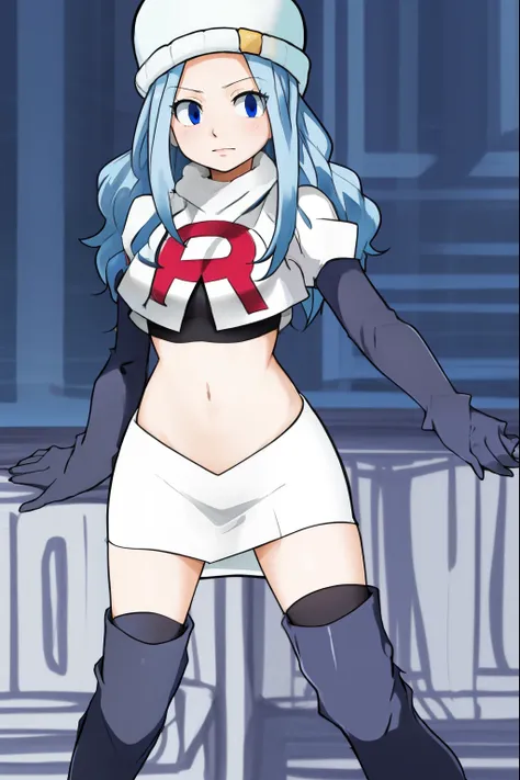masterpiece, best quality, highly detailed, highres, hdr, 1girl, solo, juvia_lockser,blue eyes, long hair, hat, team rocket uniform, red letter R, white skirt,white crop top,black thigh-high boots, black elbow gloves