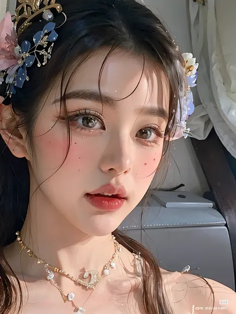 araffe asian woman with a tiara and pearls on her head, dilraba dilmurat, Beautiful aesthetic face, maquillaje popular de Corea del Sur, Ethereal Beauty, Hermosa joven coreana, Jewelry on the forehead, Hermosa joven coreana, Hermosa mujer surcoreana, Cara ...