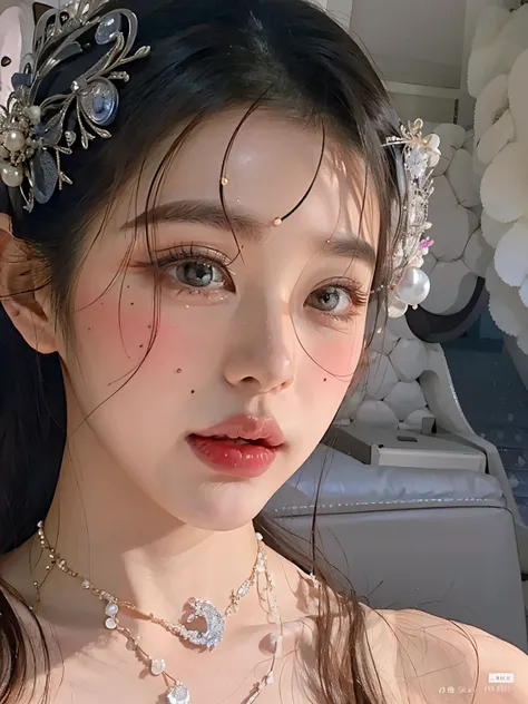 araffe asian woman with a tiara and pearls on her head, dilraba dilmurat, Beautiful aesthetic face, maquillaje popular de Corea del Sur, Ethereal Beauty, Hermosa joven coreana, Jewelry on the forehead, Hermosa joven coreana, Hermosa mujer surcoreana, Cara ...