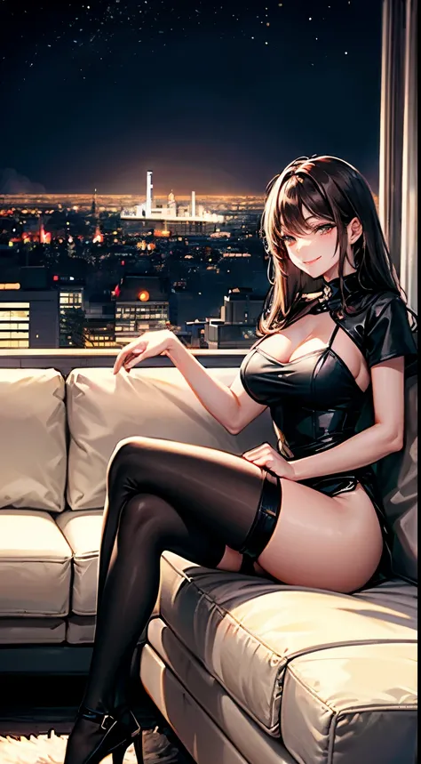 Beautiful woman, wearing a fashionable outfit, in her luxurious penthouse, sitting on a giant white sofa, long dark brown hair, wearing black colored clothes, wearing stockings, beautiful perfect eyes, satisfied smile, giant clear window behind her, city w...