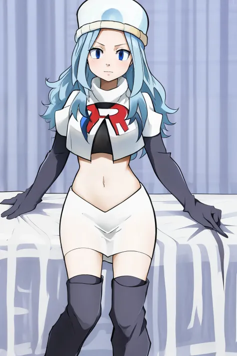 masterpiece, best quality, highly detailed, highres, hdr, 1girl, solo, juvia_lockser,blue eyes, long hair, hat, team rocket uniform, red letter R, white skirt,white crop top,black thigh-high boots, black elbow gloves