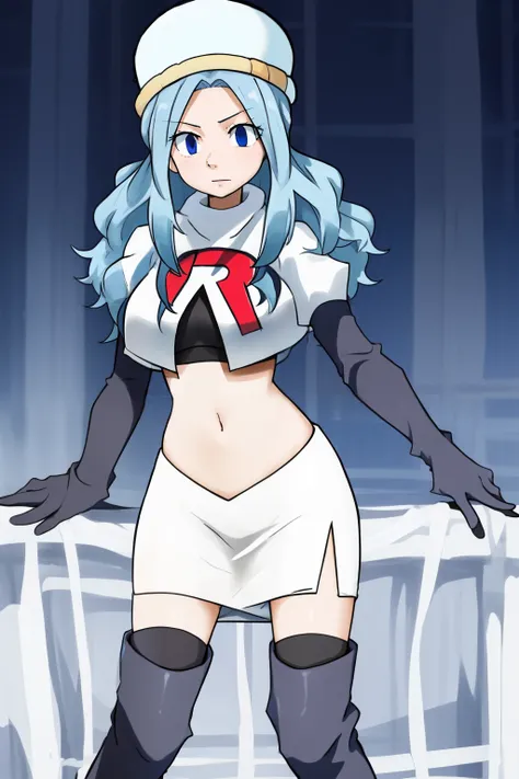 masterpiece, best quality, highly detailed, highres, hdr, 1girl, solo, juvia_lockser,blue eyes, long hair, hat, team rocket uniform, red letter R, white skirt,white crop top,black thigh-high boots, black elbow gloves