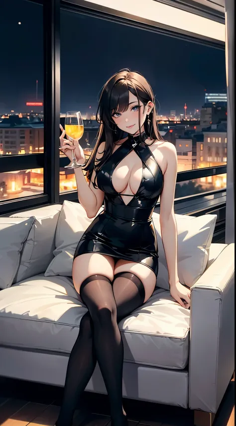 Beautiful woman, wearing a fashionable outfit, in her luxurious penthouse, sitting on a giant white sofa, long dark brown hair, wearing black colored clothes, wearing stockings, beautiful perfect eyes, satisfied smile, holding a glass of white wine in her ...