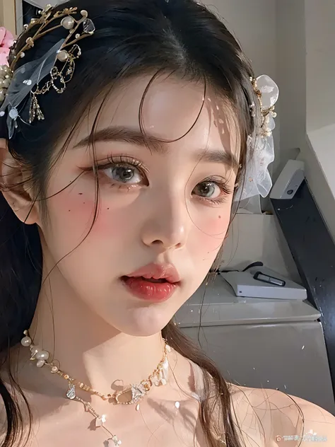 araffe asian woman with a tiara and pearls on her head, dilraba dilmurat, Beautiful aesthetic face, maquillaje popular de Corea del Sur, Ethereal Beauty, Hermosa joven coreana, Jewelry on the forehead, Hermosa joven coreana, Hermosa mujer surcoreana, Cara ...