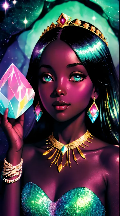 Impressionism drawing of a glamorous black Sudanese queen with dark skin, soft hair, wearing a modern gossamer couture crystal colored dress with a jeweled corset, sparkling eyes, she’s holding a colorful crystal that is prismatic, she is surrounded by sma...