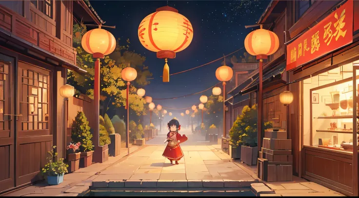 （Best Picture Quality，4K，8K，A high resolution，​master piece：1.2），，Cute CG trend，Chinese animated movie poster，Sandbox games，Mini World，UE5，celebration，Lunar New Year，wordless scene，nighttime scene，lanterns，Tidbits。