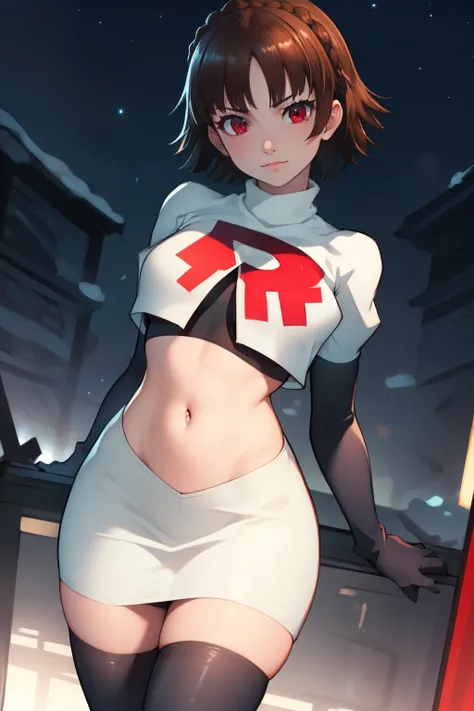 makoto nijima, blunt bangs, braid, brown hair, crown braid, (red eyes:1.3), short hair, team rocket uniform, red letter R, white skirt,white crop top,black thigh-high boots, black elbow gloves, looking at viewer, cowboy shot, sexy pose, night sky backgroun...