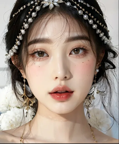 una mujer con una diadema de perlas y aretes en la cabeza, beautiful aesthetic face, hermosa joven coreana, porcelain pale skin,...