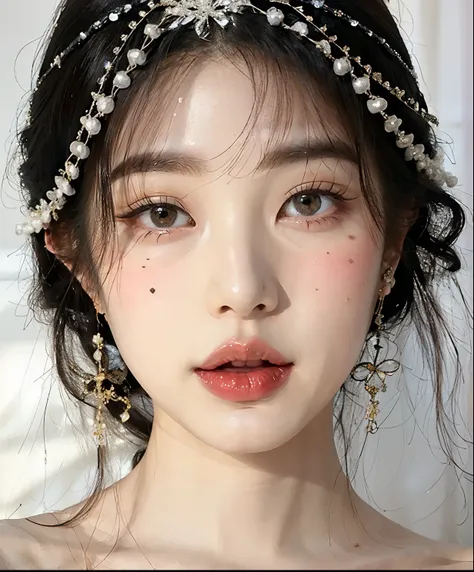 una mujer con una diadema de perlas y aretes en la cabeza, Beautiful aesthetic face, Hermosa joven coreana, porcelain pale skin, Hermosa mujer surcoreana, pale porcelain white skin, Hermosa joven coreana, Joven y adorable rostro coreano, maquillaje popular...
