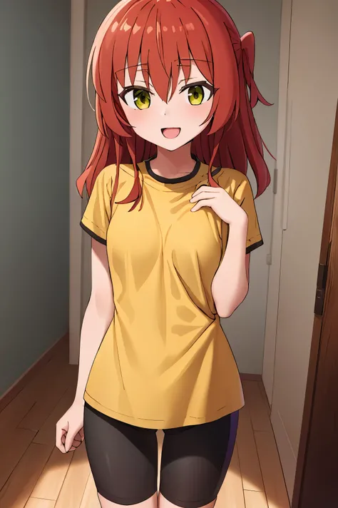 Room, 1 girl, best quality, ultra high res, long hair, red hair, green eyes, looking at viewers, small breast, standing, pov, slim body, loli body, small body, smile, open mouth, yellow shirt, short sleeves, bike shorts,