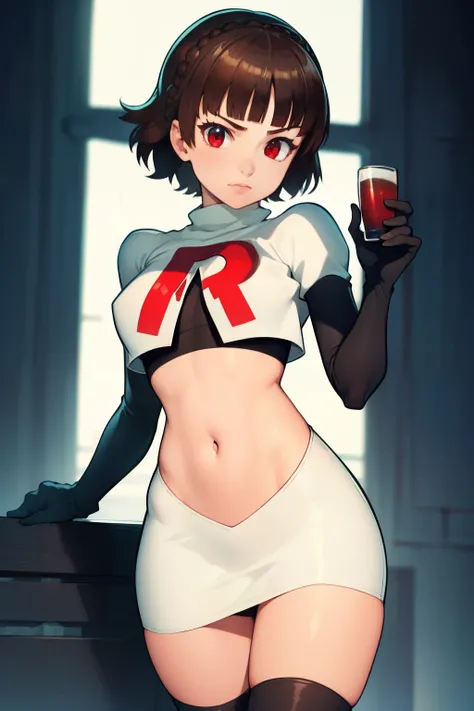 makoto nijima, blunt bangs, braid, brown hair, crown braid, (red eyes:1.3), short hair, team rocket uniform, red letter R, white skirt,white crop top,black thigh-high boots, black elbow gloves, looking at viewer, cowboy shot, sexy pose, night sky backgroun...