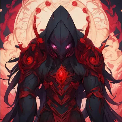 a drawing of a demonic-looking man in a red and black outfit, red demon armor, armadura vermelha de sangue, Estilo Duelyst, demon armor, armadura vermelha, Estilo de arte do mundo de Warcraft, Epic fantasy art style, cavaleiro de sangue, omen from valorant...